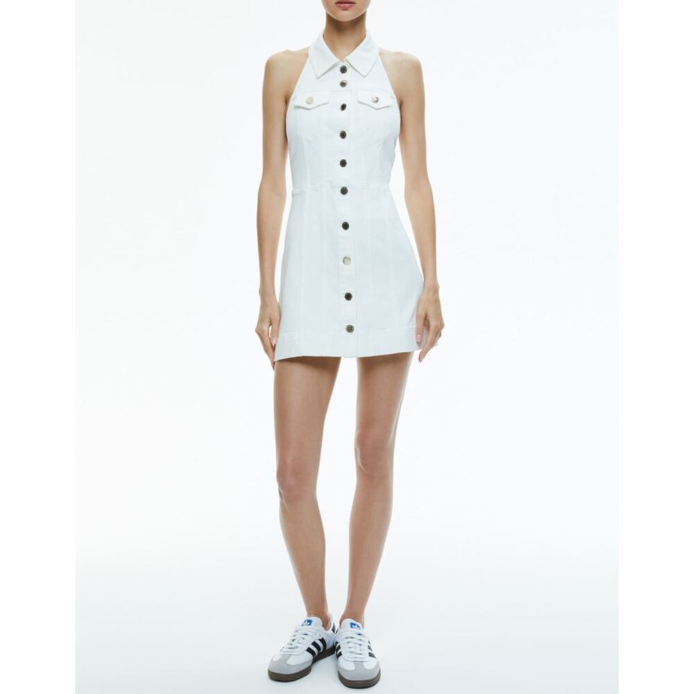 Alice + Olivia Kendall Denim Halter Mini Dress US 6 White Cowgirl Western Boho - Picture 6 of 15